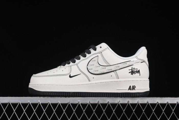 Nike Air Force 1 '07 Low Stussy Collaboration Beige Black Floral Swoosh Casual Sneakers - HH7518-040