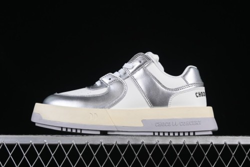 Choco Concert Leather Asymmetrical Fashion Sneakers Silver White - AJE5