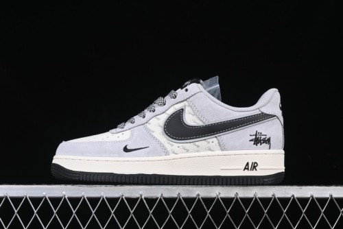 Nike Air Force 1 '07 Low Stussy Collaboration Grey Pigskin Black Swoosh Low-Top Casual Sneakers - XZ3318-099