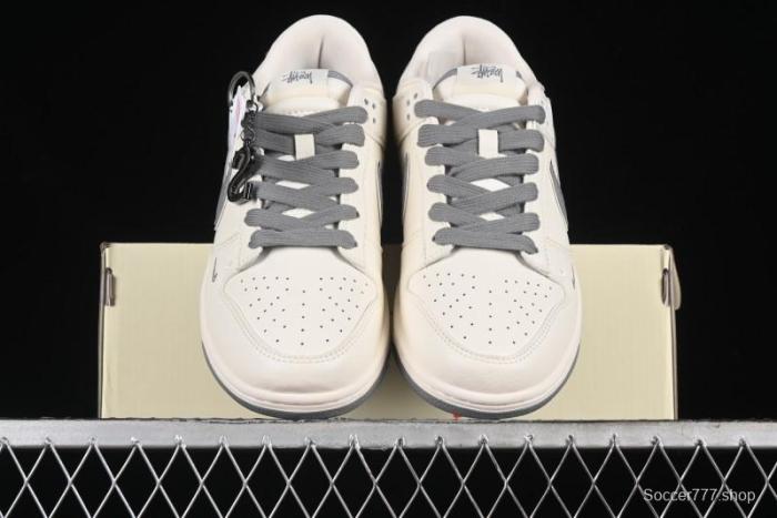 Nike SB Dunk Low Stussy Collaboration - Off White Dark Grey Swoosh Anniversary Custom Low-Top Casual Skate Shoes - DQ1098-382