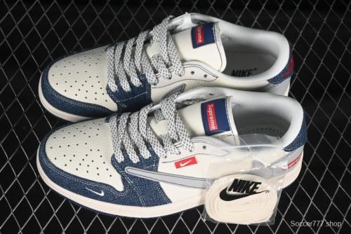 Nike Travis Scott x Fragment Design x Air Jordan 1 Low OG SP AJ1 Supreme Collaboration Grey Blue Denim Low-Top Casual Sneakers - JJ2508-565