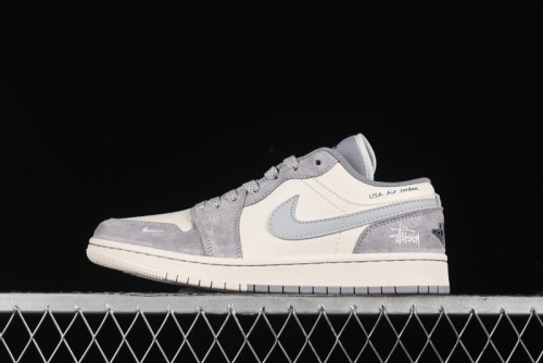 Nike Air Jordan 1 Low Stussy Collaboration - Light Bone Grey Dual-Tone Premium Custom Retro Basketball Shoes - SJ9950-045