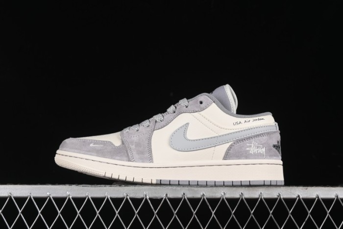 Nike Air Jordan 1 Low Stussy Collaboration - Light Bone Grey Dual-Tone Premium Custom Retro Basketball Shoes - SJ9950-045