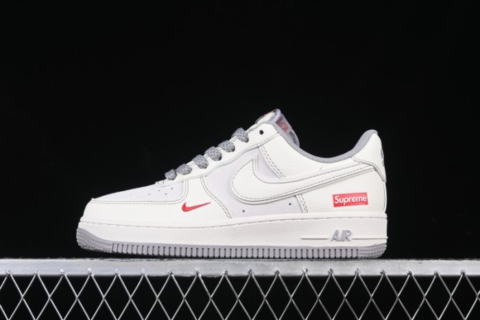 Nike Air Force 1 '07 Low Supreme Collaboration Beige Grey with Red Swoosh Casual Sneakers - BB7518-011