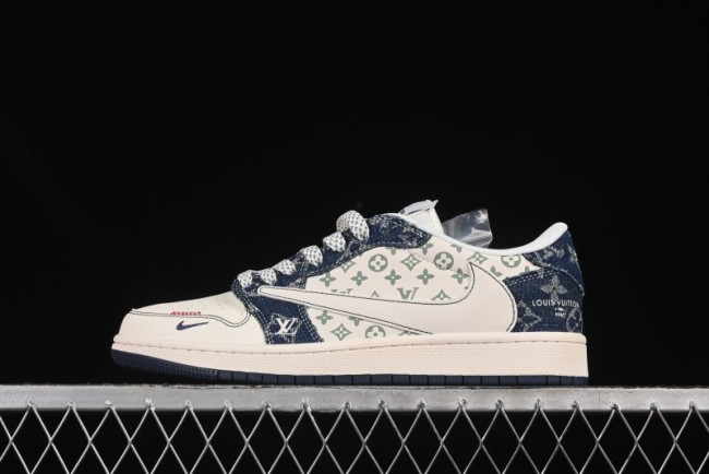 Nike Travis Scott x Fragment Design x Air Jordan 1 Low OG SP Casual Sneakers with Blue Denim - YX5066-326