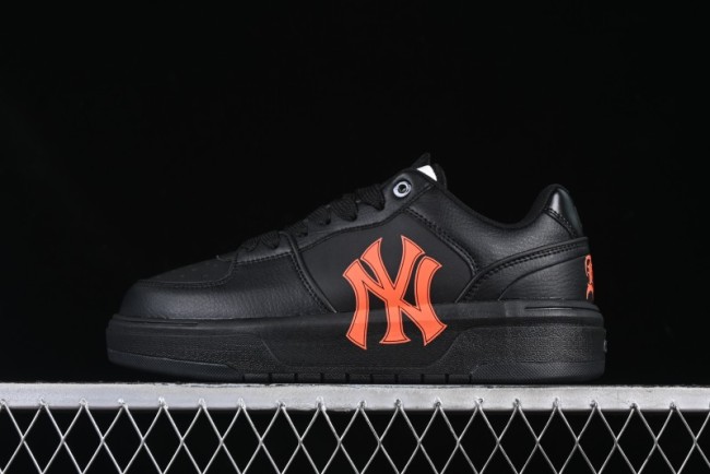 NY Yankees Black Leather Sneakers – Bold Orange Logo Edition