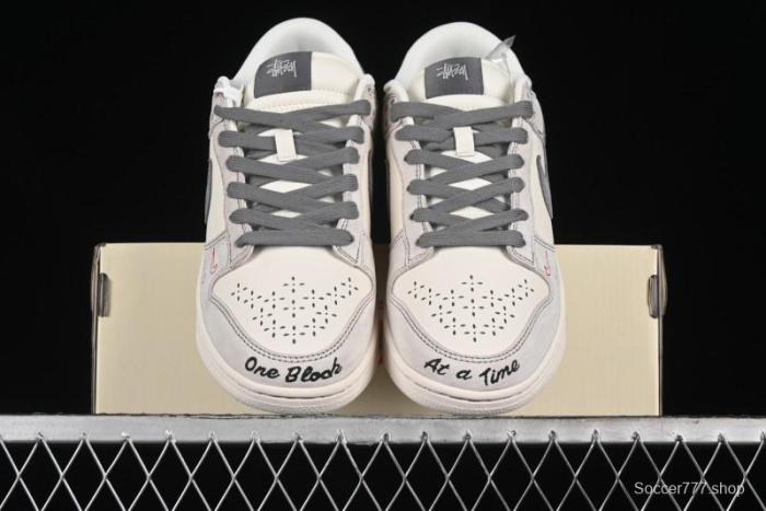 Nike SB Dunk Low Stussy Collaboration - Embroidered Grey Swoosh Anniversary Custom Low-Top Casual Sneakers - MM1089-033