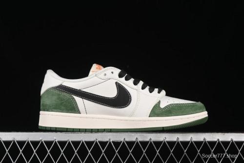 Nike Travis Scott x Fragment Design x Air Jordan 1 Low OG SP AJ1 Bape Collaboration - Jungle Green Low Top Casual Sneakers - XY2688-107