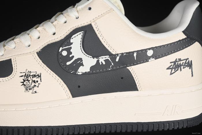 Nike Air Force 1 '07 Low Stussy Collaboration Beige Black Splatter Swoosh Casual Sneakers - DF0188-042