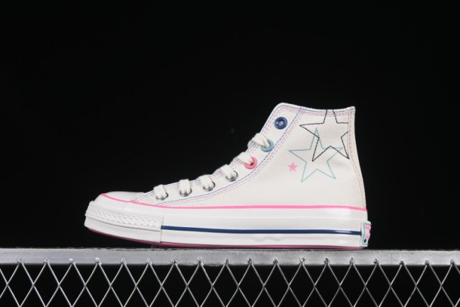 Converse Chuck 1970s High Top Casual Sneakers with Star Stitching and White-Pink-Blue Mismatched Design - A15744C