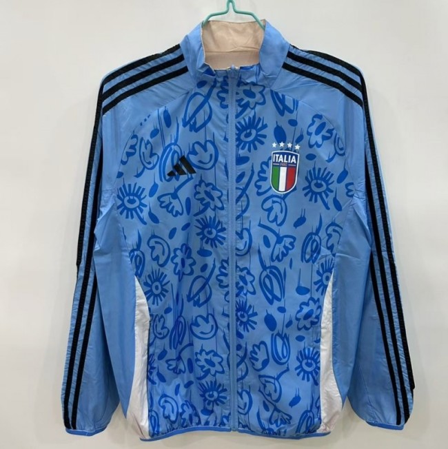 2025 Italy Light Blue/Beige with Floral Pattern Reversible Windbreaker