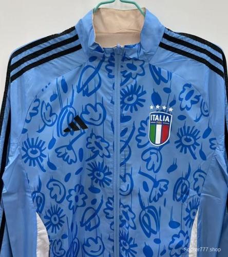 2025 Italy Light Blue/Beige with Floral Pattern Reversible Windbreaker