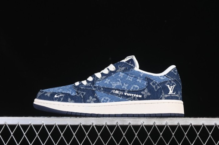 Nike Travis Scott x Fragment Design x Air Jordan 1 Low OG SP AJ1 Low-top Casual Sneakers with Washed Denim Blue Print - XD0798-312