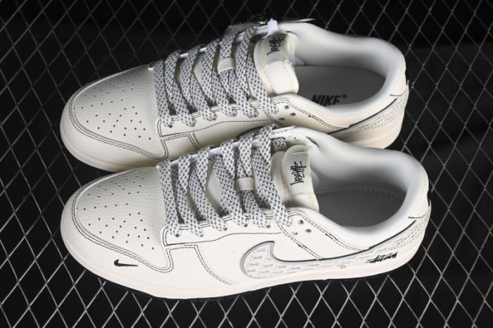Nike SB Dunk Low Stussy Collaboration Beige Black Grey Silver Low-Top Casual Skate Shoes - HH7518-097