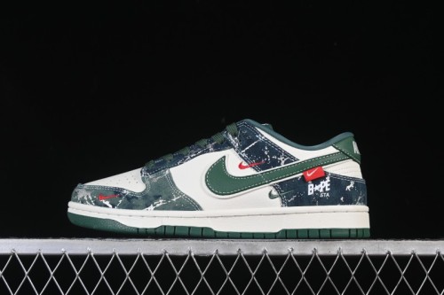 Nike SB Dunk Low BAPE Collaboration White Army Green Anniversary High-End Custom Low-Top Casual Skate Shoes - SC0601-465