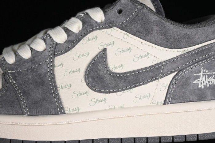Nike Air Jordan 1 Low AJ1 Stussy Collaboration - Grey Pigskin Custom Low-Top Basketball Shoes - SJ9950-010