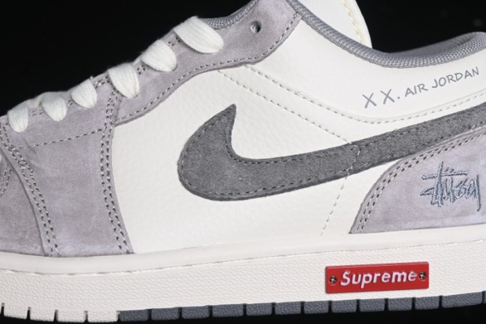 Nike Air Jordan 1 Low Stussy Collaboration - Grey White Dual-Tone Red Tag Retro Basketball Shoes - SJ9950-031