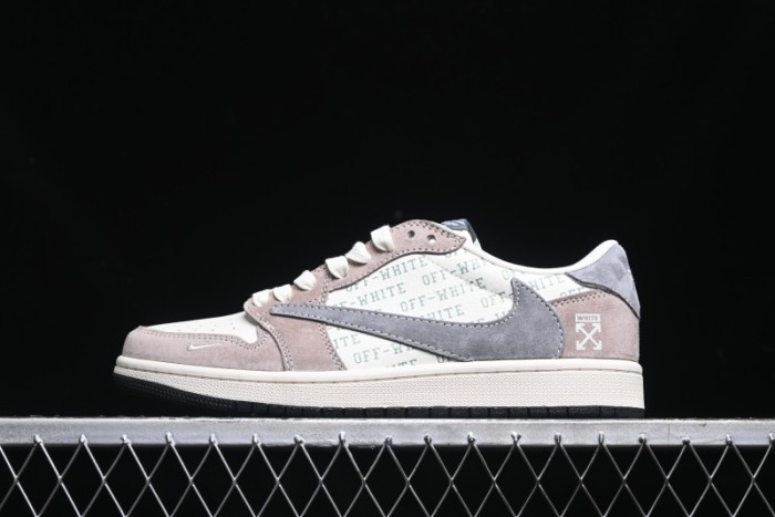 Nike Travis Scott x Fragment Design x Air Jordan 1 Low OG SP AJ1 OF Collaboration - Latte Grey Low Top Casual Sneakers - SJ2068-109