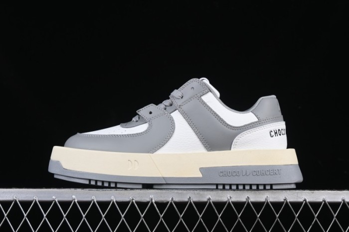 Choco Concert Leather Round Square Asymmetric Fashion Sneakers White Gray - AJE5