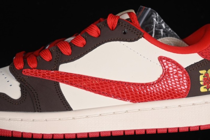 Nike Travis Scott x Fragment Design x Air Jordan 1 Low OG SP AJ1 Snake Year Limited Edition Snake Scale Red Hook Low Top Lifestyle Casual Sneakers - CH6336-020