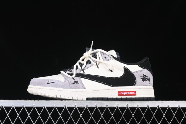 Nike Travis Scott x Fragment Design x Air Jordan 1 Low OG SP AJ1 Stussy Collaboration - Black Hook Dual-Tone Drawstring Low-Top Casual Sneakers - SJ0086-139