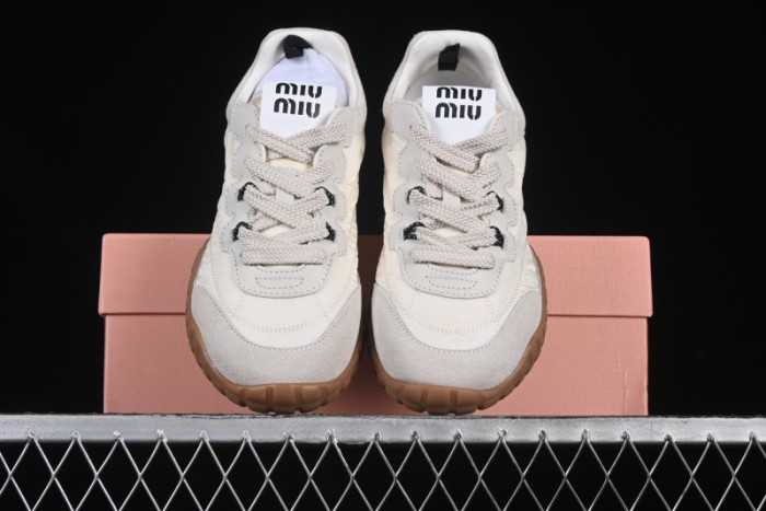 Miu Miu Suede Round Toe Lace-Up Women's Low-Top Casual Shoes in Beige - 99D4