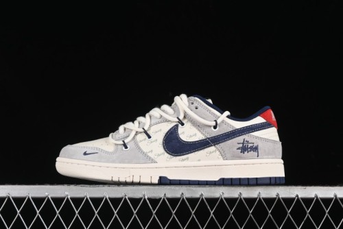 Nike SB Dunk Low Stussy Collaboration - Lace-Up Off White Navy Swoosh Anniversary High-End Custom Low-Top Casual Sneakers - SJ2068-308