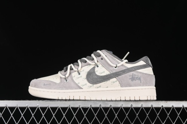 Nike SB Dunk Low Stussy Collaboration - Strap Grey Embroidered Swoosh Anniversary Custom Low-Top Casual Skate Shoes - SJ2068-307