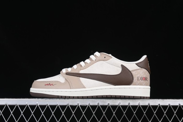 Nike Travis Scott x Fragment Design x Air Jordan 1 Low OG SP AJ1 Snake Year Limited Brown Snake Print Low Top Casual Sneakers - DM7866-074