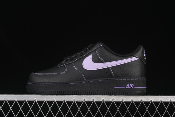 Nike Air Force 1'07 Low Casual Sneakers in Black with Purple Swoosh - HQ2037-001