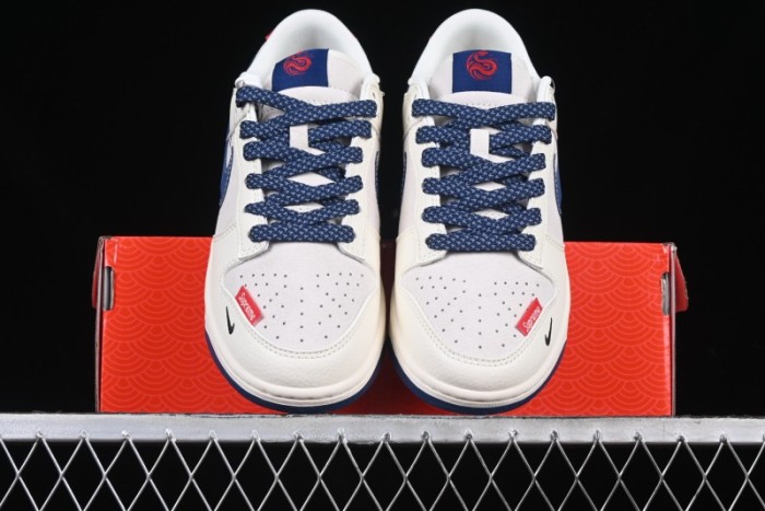 Nike SB Dunk Low Supreme Collaboration - Off-White 3D Navy Swoosh Anniversary Custom Low-Top Casual Sneakers - FC1688-204