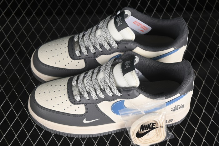 Nike Air Force 1 '07 Low Stussy Collaboration Light Grey Sky Blue Swoosh Casual Sneakers - XS1958-574