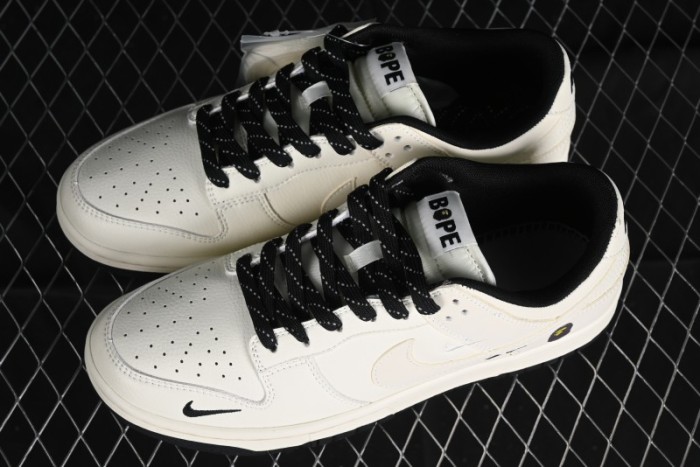 Nike SB Dunk Low BAPE Collaboration - Off-White Black Swoosh Anniversary Custom Low-Top Casual Skate Shoes - XD6188-037