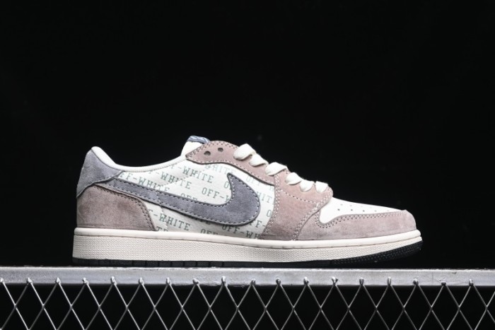 Nike Travis Scott x Fragment Design x Air Jordan 1 Low OG SP AJ1 OF Collaboration - Latte Grey Low Top Casual Sneakers - SJ2068-109