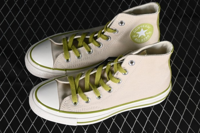 Converse Chuck 70 High Top Casual Canvas Sneakers with Light Beige Upper and Avocado Green Accents - A08530C