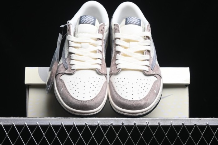 Nike Travis Scott x Fragment Design x Air Jordan 1 Low OG SP AJ1 OF Collaboration - Latte Grey Low Top Casual Sneakers - SJ2068-109