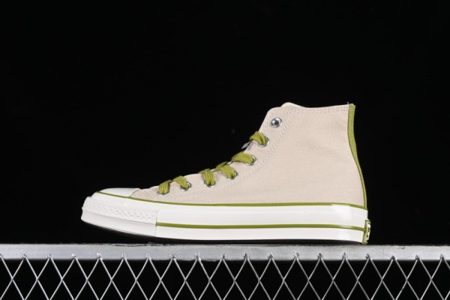 Converse Chuck 70 High Top Casual Canvas Sneakers with Light Beige Upper and Avocado Green Accents - A08530C