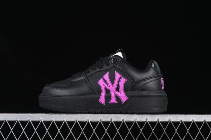 NY Yankees Black Leather Sneakers with Bold Pink Logo