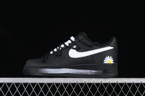 Nike Air Force 1'07 Low Casual Sneakers with 2D Daisy Black White Graffiti Hand-Painted Design - CK0316-063