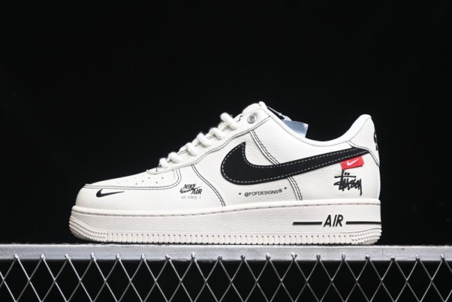 Nike Air Force 1 '07 Low Stussy Collaboration - White Black Swoosh Red Tab Low-Top Casual Sneakers - SJ6698-015