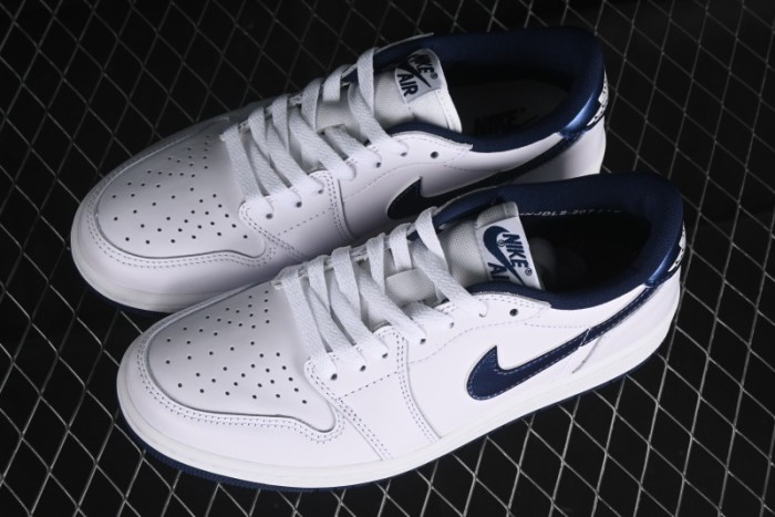 Nike Air Jordan 1 Low 85 Retro Sneakers in White with Metallic Blue Swoosh - FB9933-141
