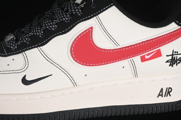 Nike Air Force 1 '07 Low Stussy Collaboration Black Stitch Red Swoosh Casual Sneakers - XS1958-518