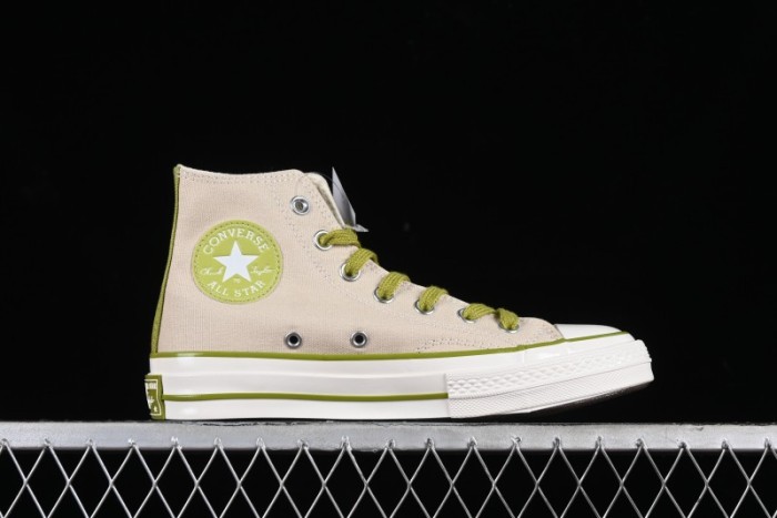 Converse Chuck 70 High Top Casual Canvas Sneakers with Light Beige Upper and Avocado Green Accents - A08530C