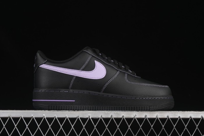 Nike Air Force 1'07 Low Casual Sneakers in Black with Purple Swoosh - HQ2037-001