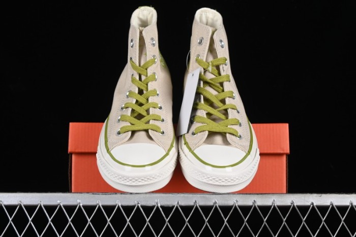 Converse Chuck 70 High Top Casual Canvas Sneakers with Light Beige Upper and Avocado Green Accents - A08530C