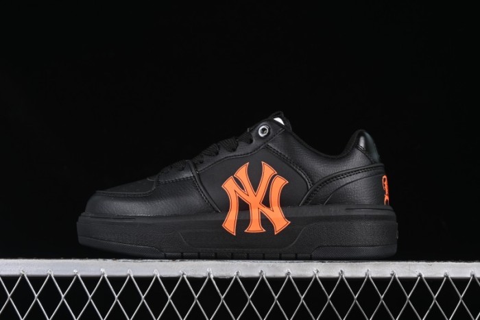 NY Yankees Black Leather Sneakers with Bold Orange Logo