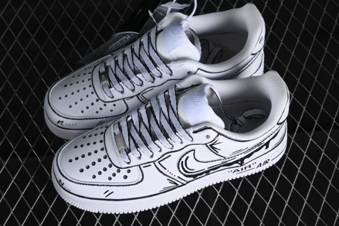 Nike Air Force 1 '07 Low Casual Sneakers with Black and White Hand-Drawn Manga Design - CW2288-811 1