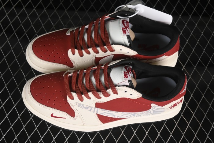 Nike Travis Scott x Fragment Design x Air Jordan 1 Low OG SP AJ1 Stussy Collaboration Ripple Bordeaux Low Top Casual Sneakers - LD2025-017