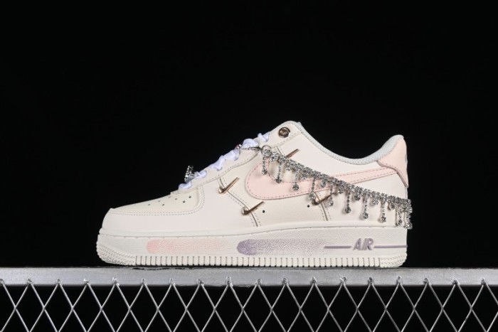 Nike Air Force 1 '07 Low Casual Sneakers in Romantic Pink-Purple with Diamond Chain Accessories - FV1122-333 1
