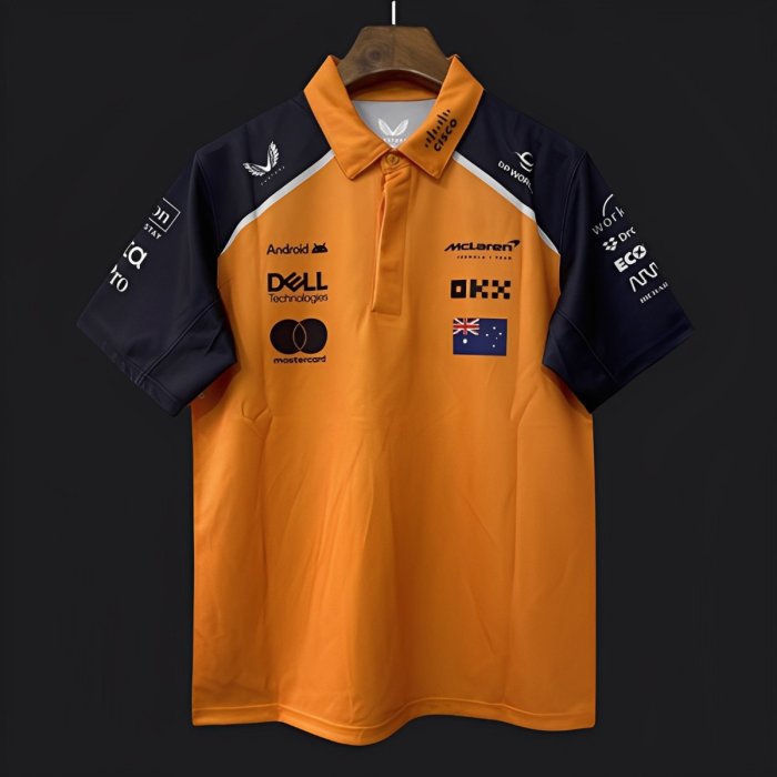 2026 F1 McLaren Racing Papaya Orange with Navy Blue Raglan Sleeves Polo Jersey